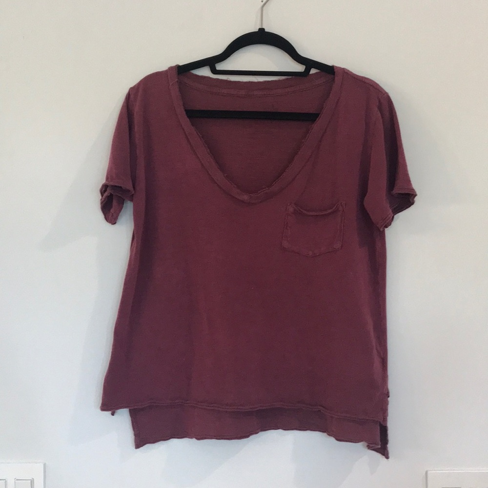 Red/purple distressed v-neck t shirt